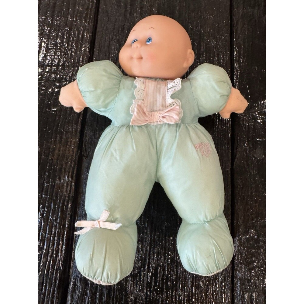 Blue Box Flower Kids Plush Stuffed Doll Vintage Blue Green Clothes Pink Flower